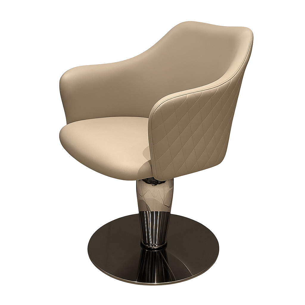IKONIC Cutting Chair Poised front angled view with beige upholstery