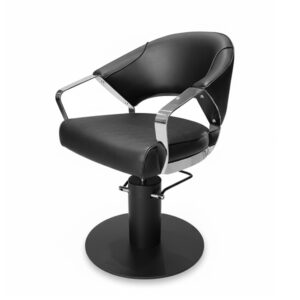 IKONIC Cutting Chair Chie front angled view with chrome armrests